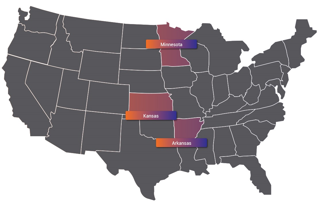 Канзас, Арканзас и Миннесота